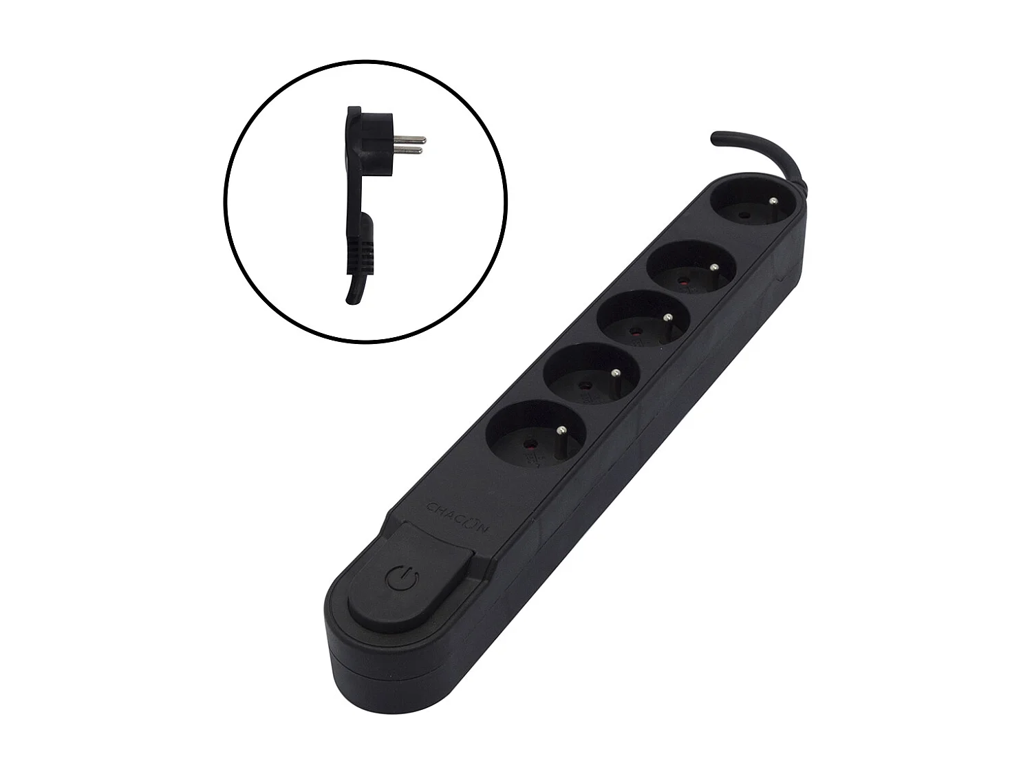 CHACON Bloc multiprise 5 prises 16 A avec interrupteur, fiche plate, cable 1,5 m HO5VV-F 3x1,5 mm2 noir