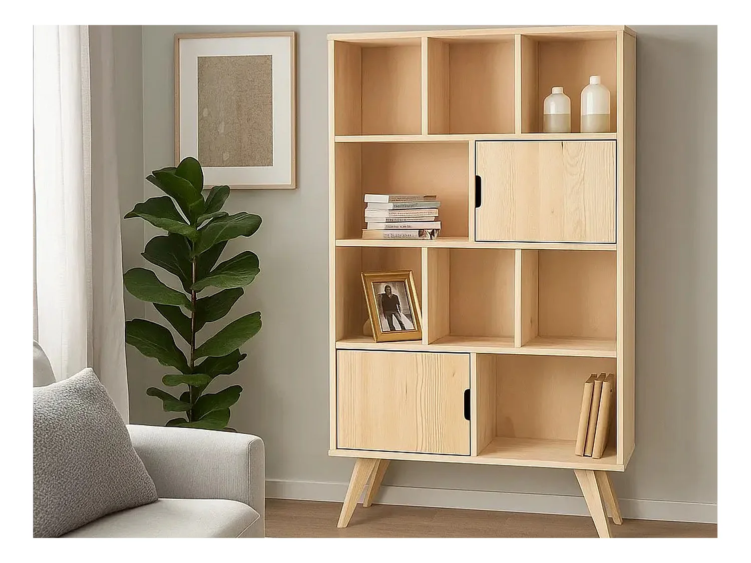 Regał 168x100 Malmo drewniany skandynawski, 8 półek, kolor sosnowy