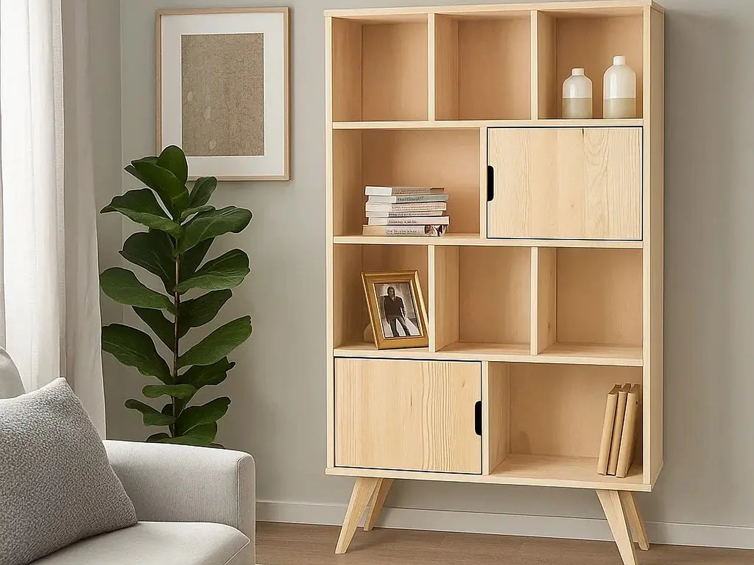 Regał 168x100 Malmo drewniany skandynawski, 8 półek, kolor sosnowy