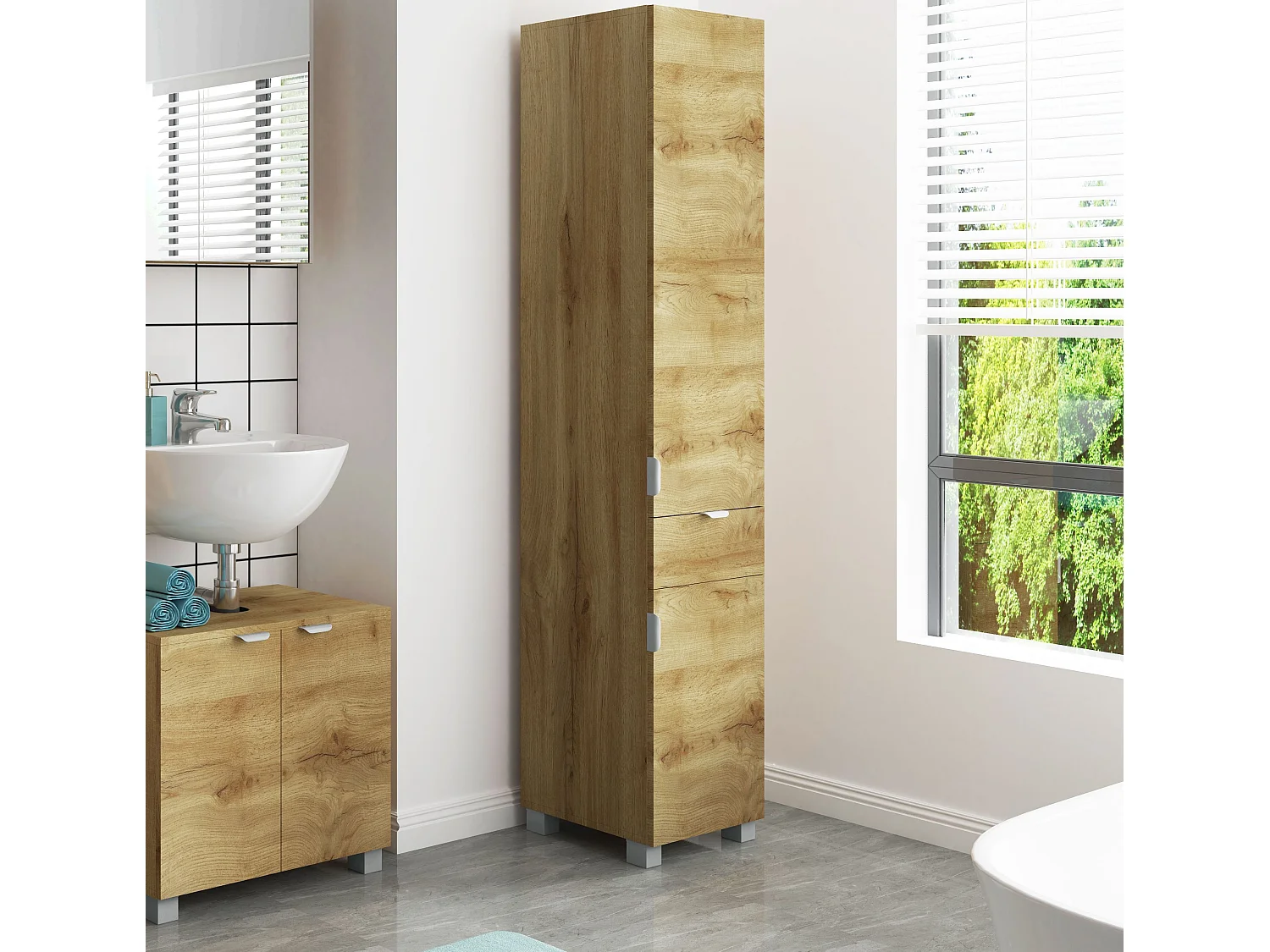 Atlas | Meuble de salle de bain avec 2 portes et 1 tiroir aspect bois