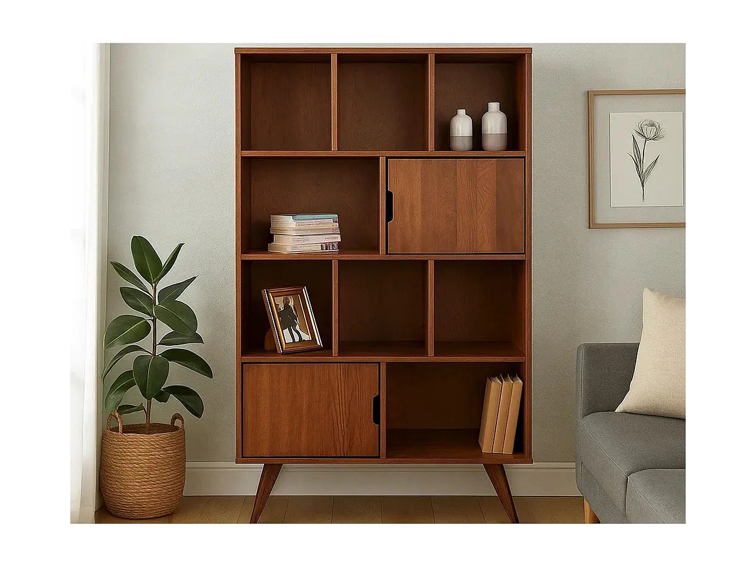 Regał 168x100 Malmo drewniany skandynawski, 8 półek, kolor kasztan