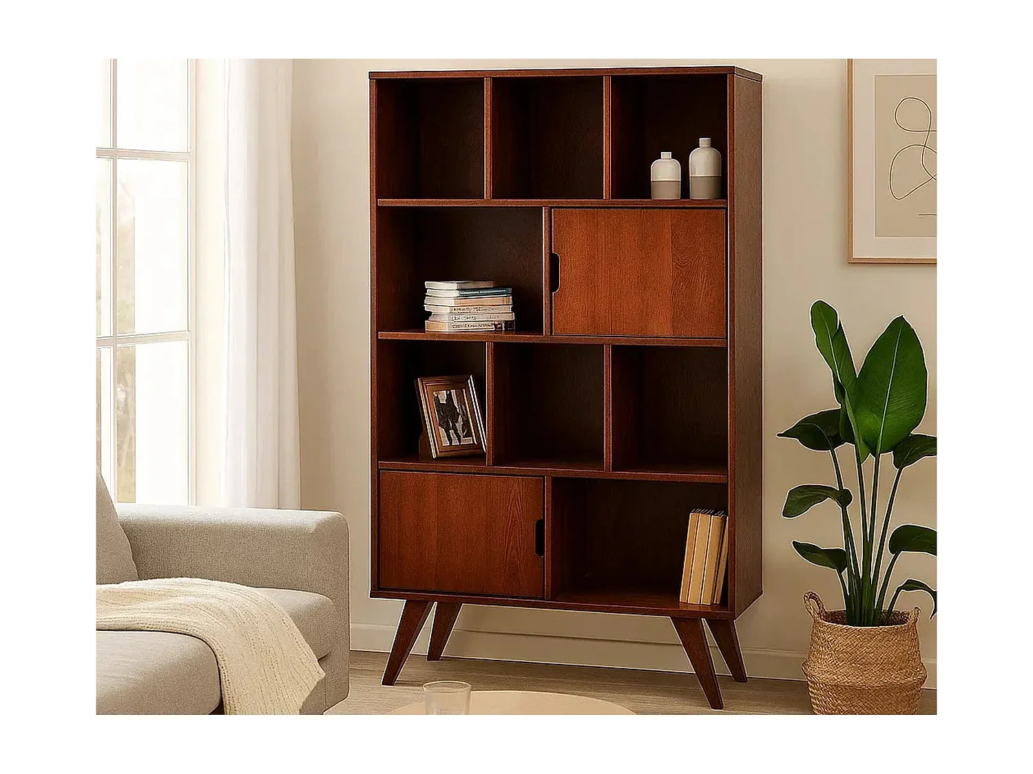 Regał 168x100 Malmo drewniany skandynawski, 8 półek, kolor kasztan