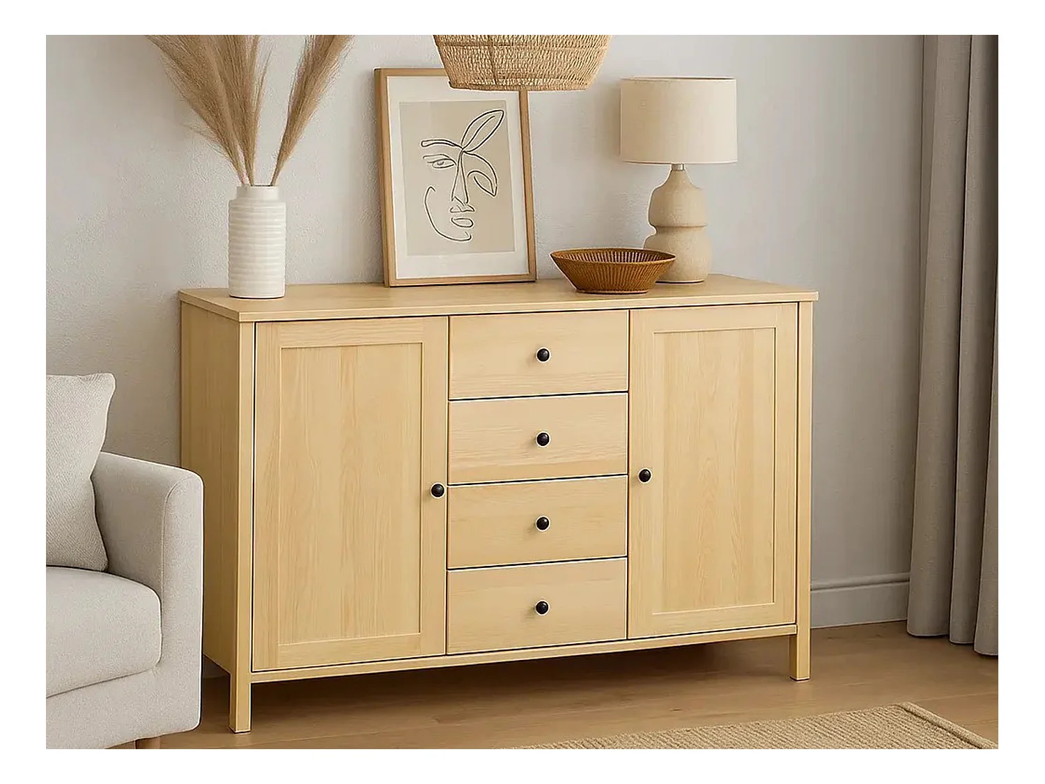 Komoda 94x143 Prestige III drewniana, szuflady i drzwi, kolor sosnowy