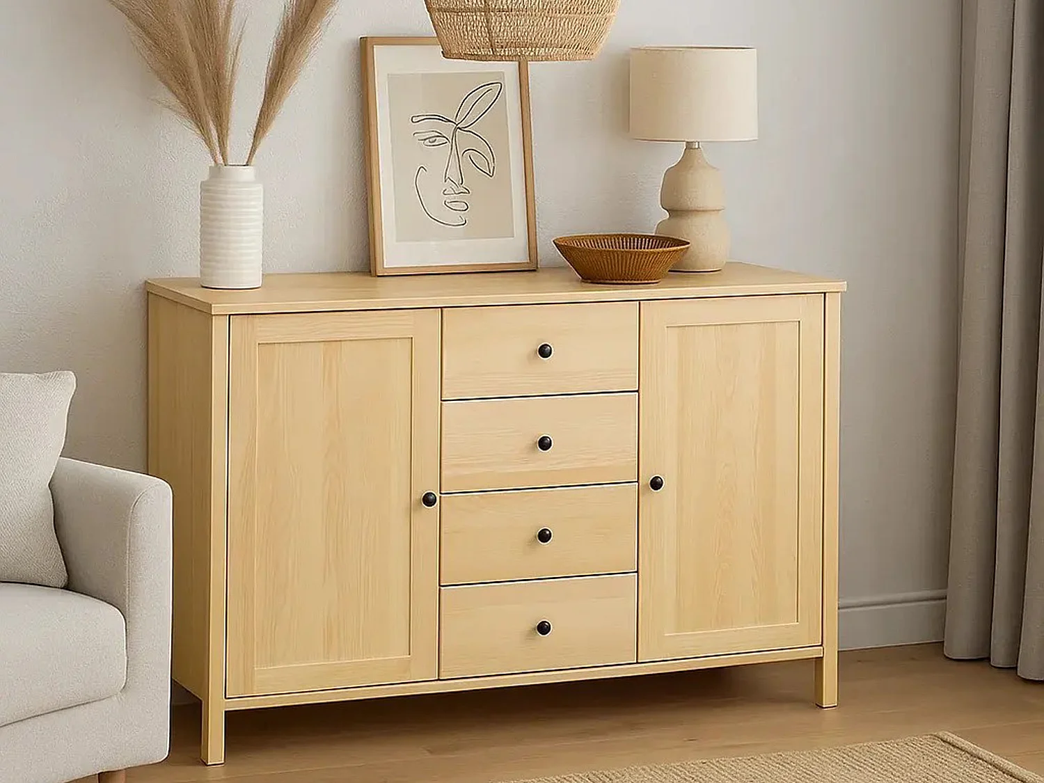 Komoda 94x143 Prestige III drewniana, szuflady i drzwi, kolor sosnowy