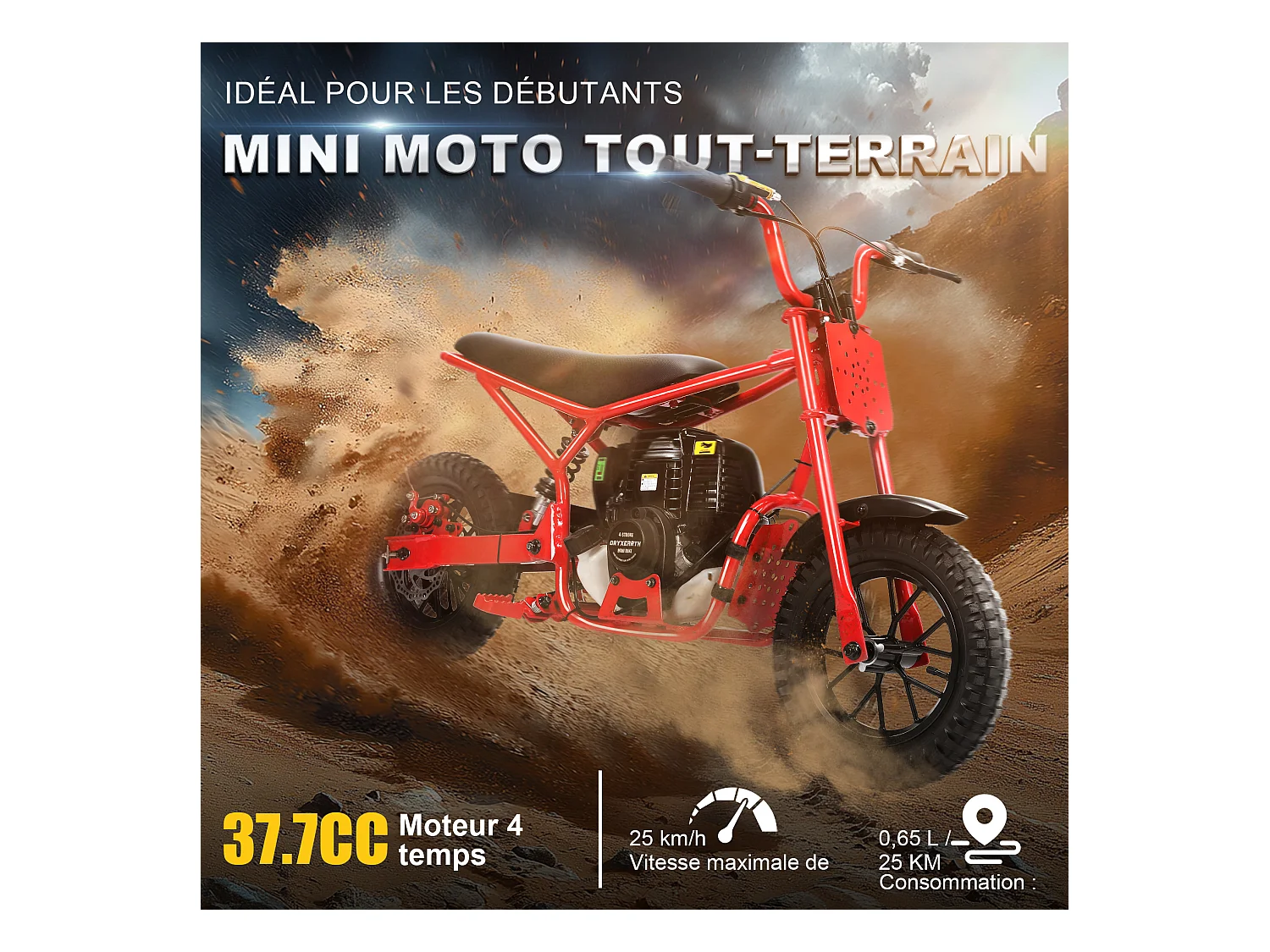 Oryxearth 37.7CC 4-Temps Dirt Bike para Niños, Mini Moto a Gasolina, Transmisión Automática y Arranque por Tracción, Rojo