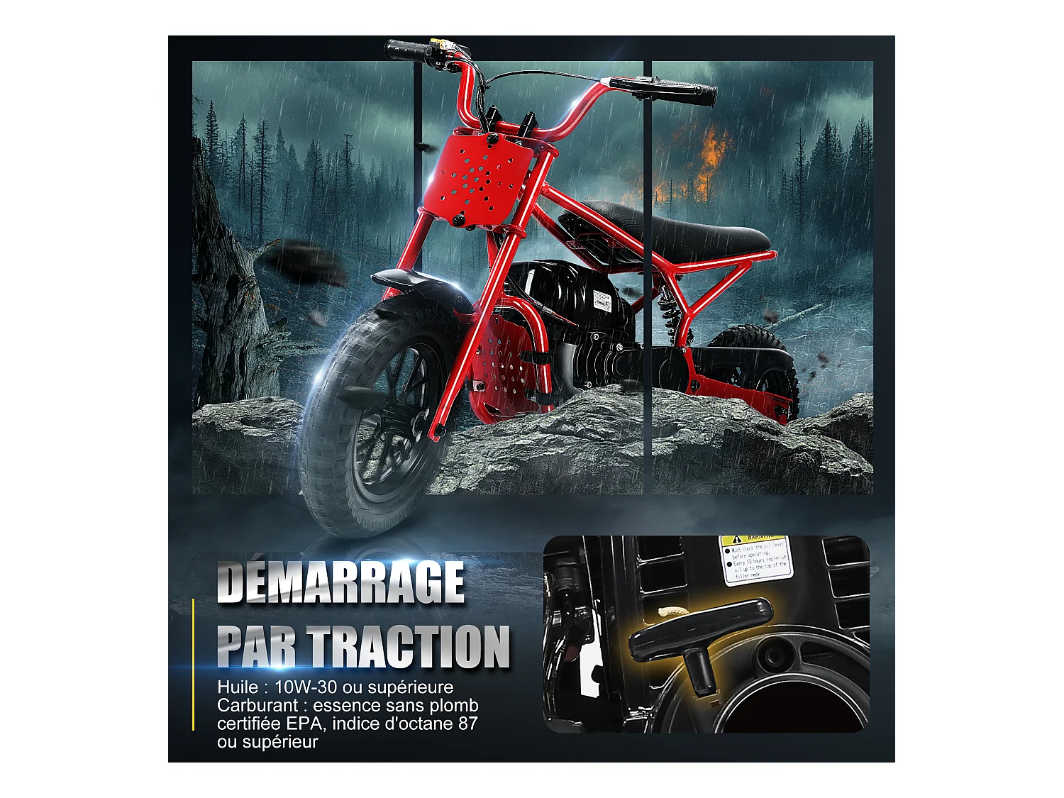 Oryxearth 37.7CC 4-Temps Dirt Bike para Niños, Mini Moto a Gasolina, Transmisión Automática y Arranque por Tracción, Rojo