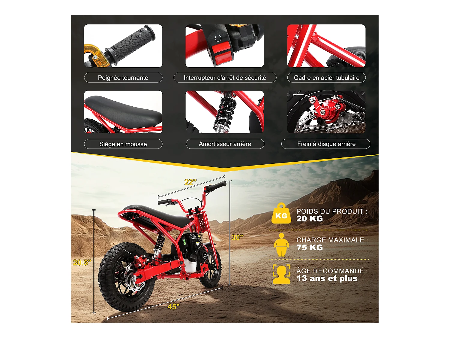 Oryxearth 37.7CC 4-Temps Dirt Bike para Niños, Mini Moto a Gasolina, Transmisión Automática y Arranque por Tracción, Rojo