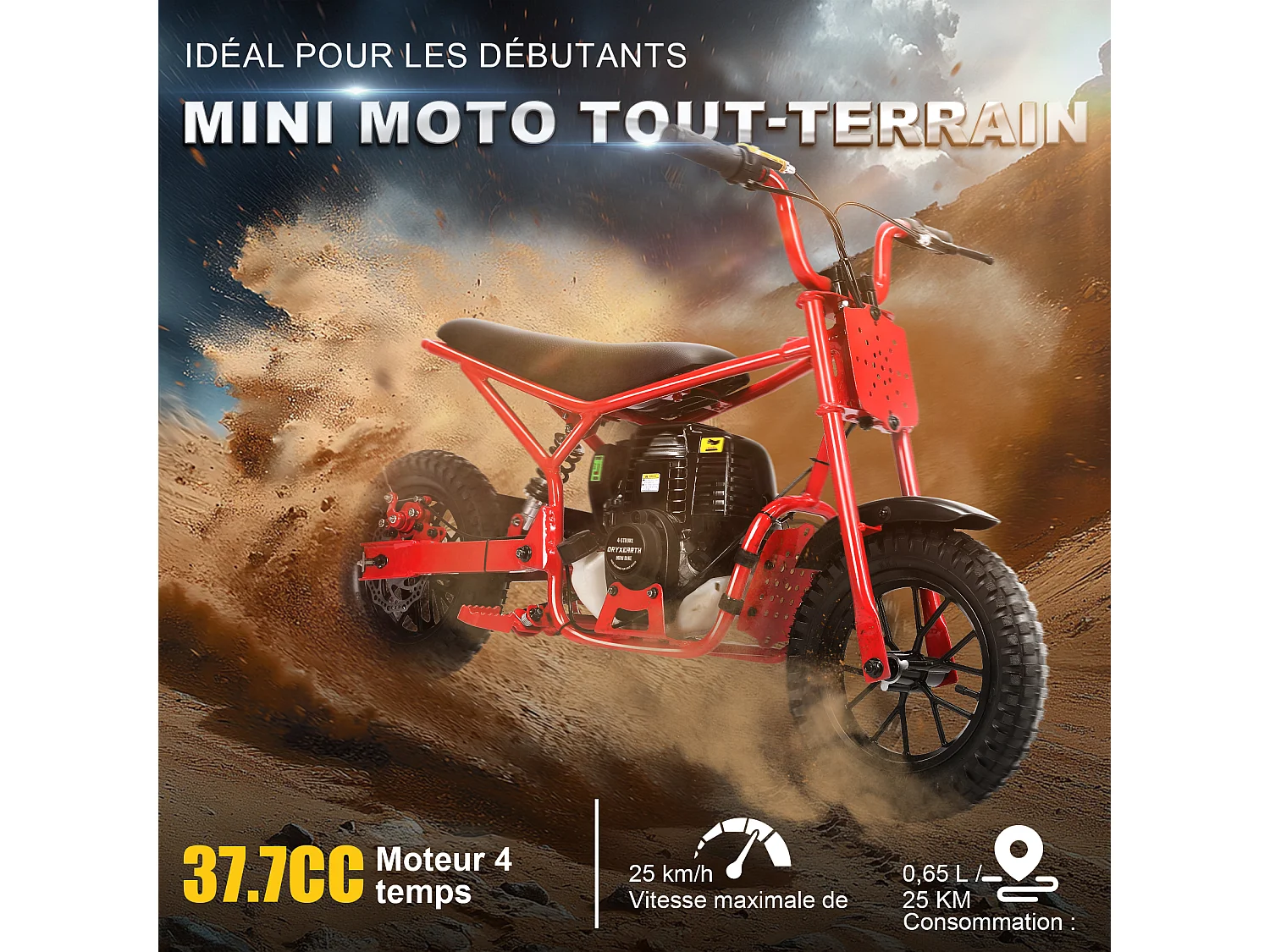 Oryxearth 37.7CC 4-Temps Dirt Bike pour Enfants, Mini Moto à Essence, Transmission Automatique et Démarrage par Traction, Rouge