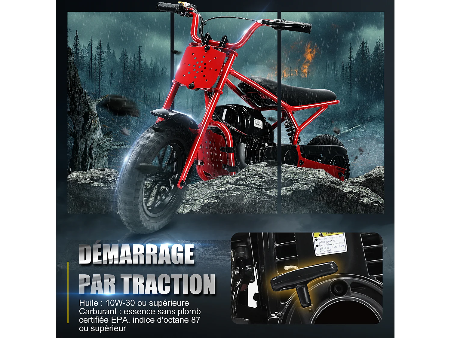 Oryxearth 37.7CC 4-Temps Dirt Bike pour Enfants, Mini Moto à Essence, Transmission Automatique et Démarrage par Traction, Rouge