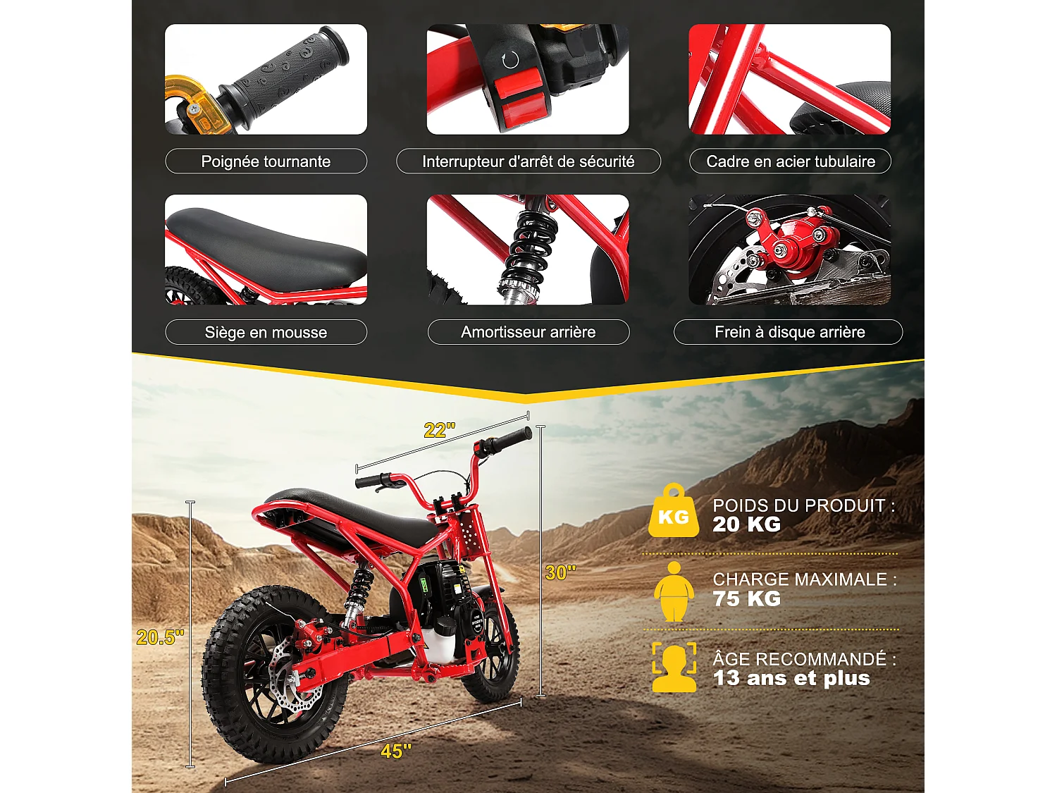 Oryxearth 37.7CC 4-Temps Dirt Bike pour Enfants, Mini Moto à Essence, Transmission Automatique et Démarrage par Traction, Rouge