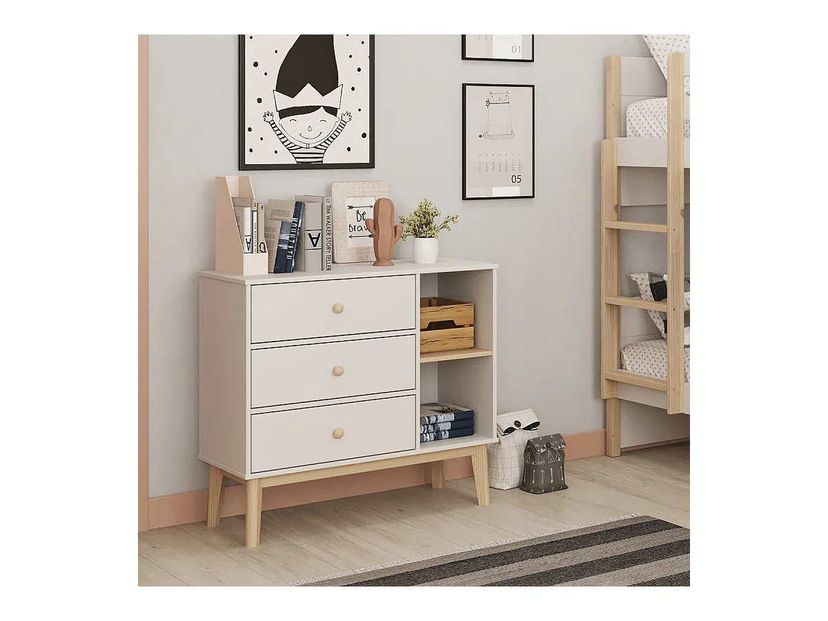 Commode enfant 3 tiroirs en bois blanc 90 cm - Elise