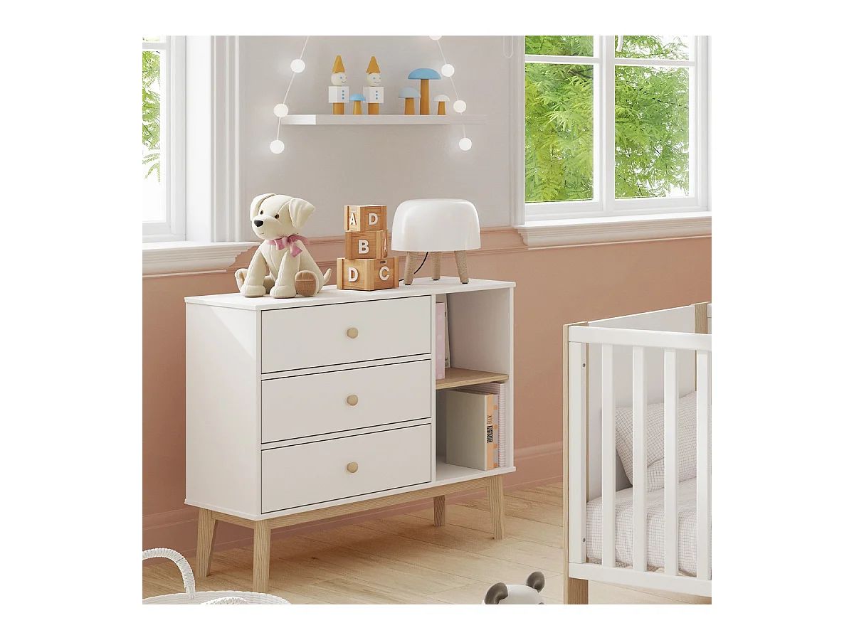 Commode enfant 3 tiroirs en bois blanc 90 cm - Elise