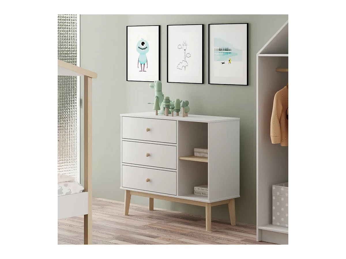 Commode enfant 3 tiroirs en bois blanc 90 cm - Elise