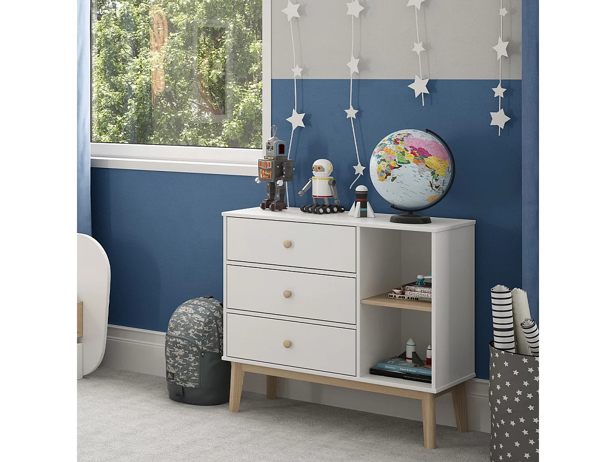 Commode enfant 3 tiroirs en bois blanc 90 cm - Elise