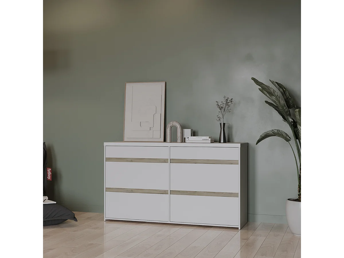 Commode met 6 lades, decor in eikenhout Kronberg en mat wit - CLYDE