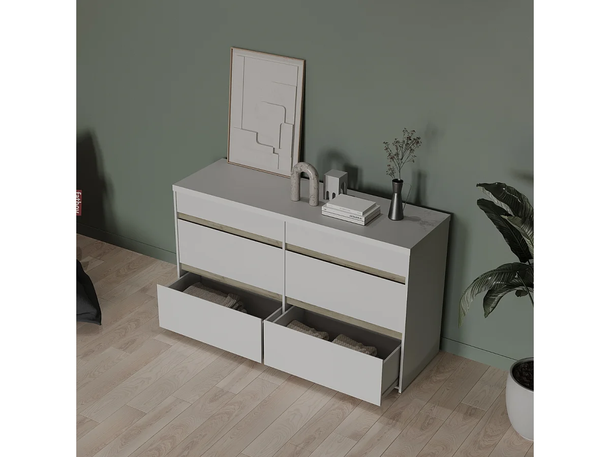 Commode met 6 lades, decor in eikenhout Kronberg en mat wit - CLYDE