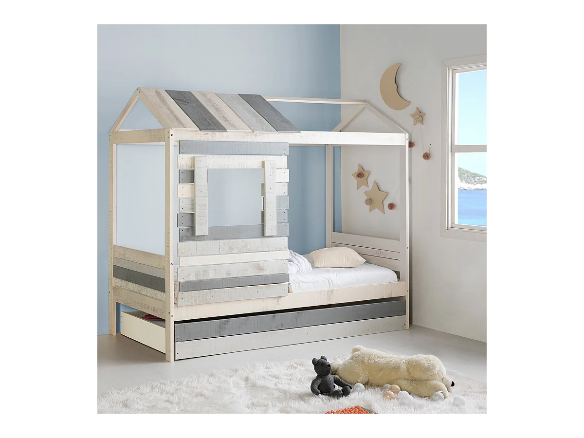 Lot de 2 tiroirs pour lit cabane enfant rustique 90x190 cm en bois blanchi / gris - Martin