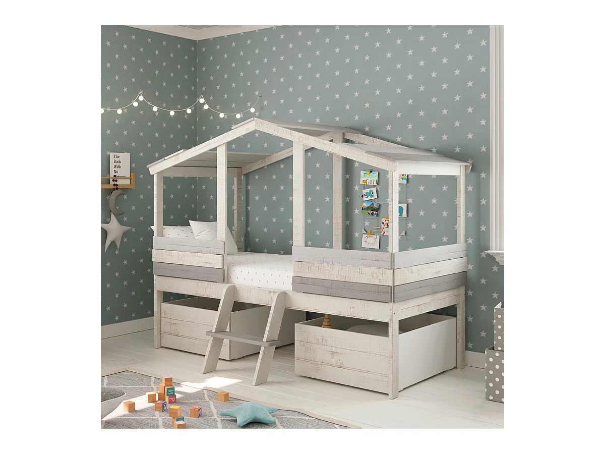 Lot de 2 tiroirs pour lit cabane enfant rustique 90x190 cm en bois blanchi / gris - Martin