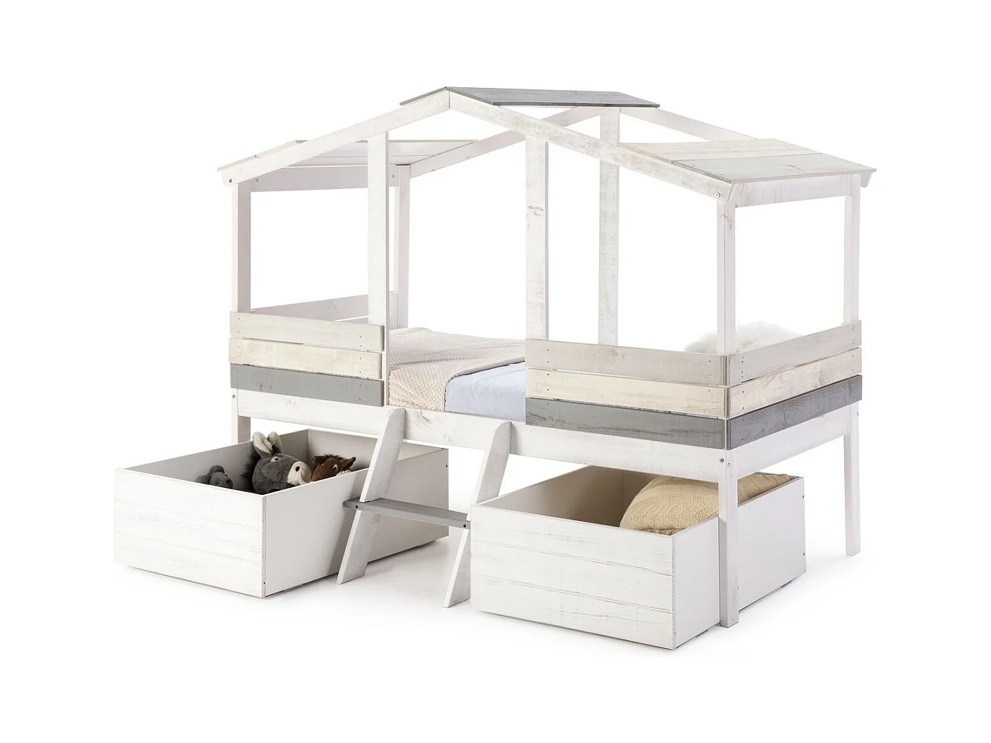 Lot de 2 tiroirs pour lit cabane enfant rustique 90x190 cm en bois blanchi / gris - Martin