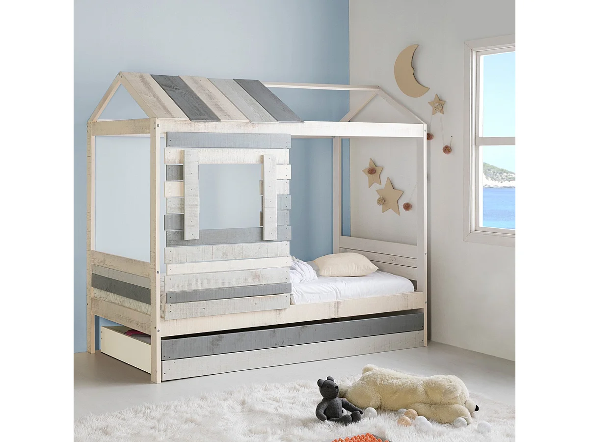 Lot de 2 tiroirs pour lit cabane enfant rustique 90x190 cm en bois blanchi / gris - Martin