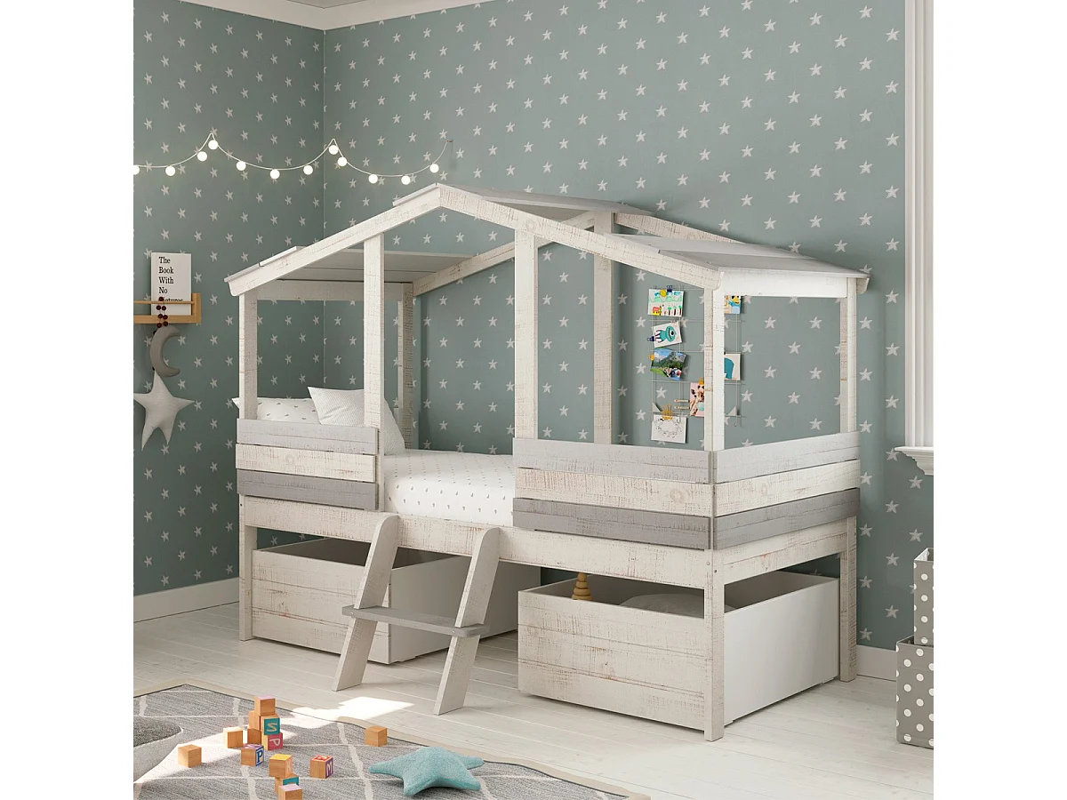 Lot de 2 tiroirs pour lit cabane enfant rustique 90x190 cm en bois blanchi / gris - Martin