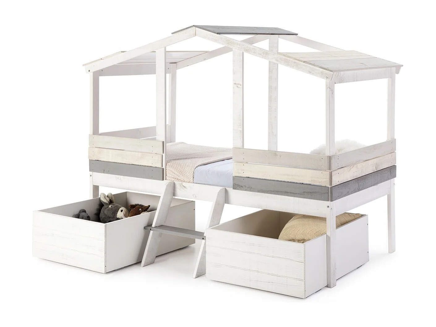 Lot de 2 tiroirs pour lit cabane enfant rustique 90x190 cm en bois blanchi / gris - Martin