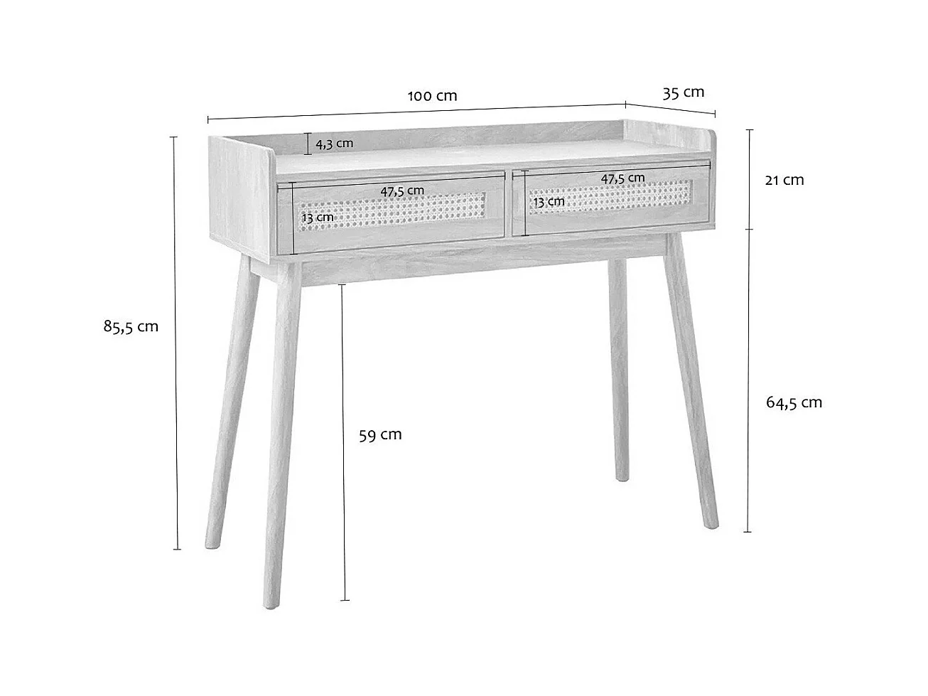 Console 2 tiroirs avec façades en rotin PALMO