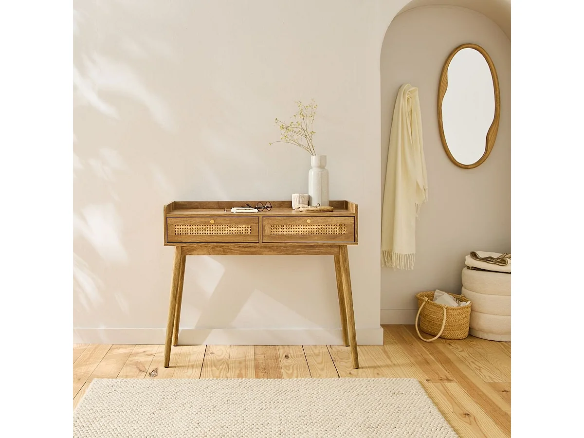 Consolle 2 cassetti con frontali in rattan e gambe in legno L100 cm - PALMO
