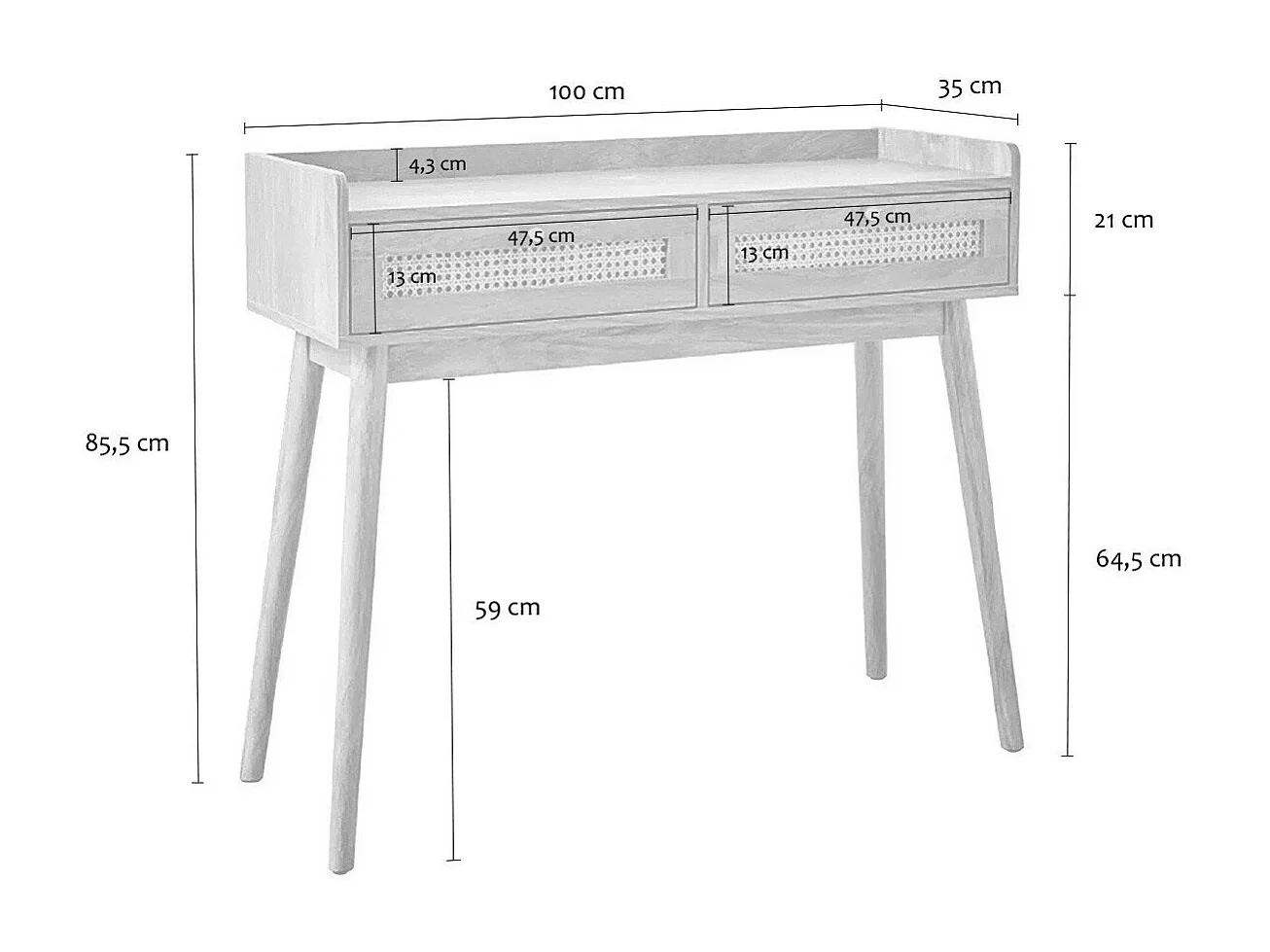 Consolle 2 cassetti con frontali in rattan e gambe in legno L100 cm - PALMO