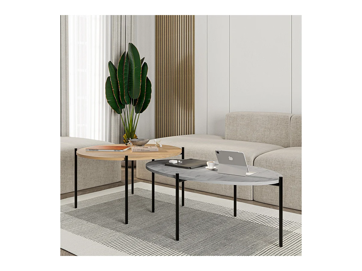 Lot de 2 tables basses gigognes effet chêne et effet marbre gris - Loris