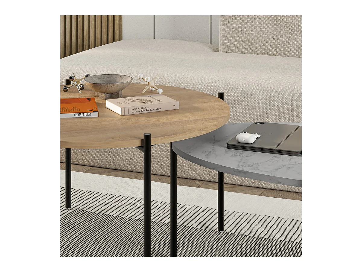 Lot de 2 tables basses gigognes effet chêne et effet marbre gris - Loris