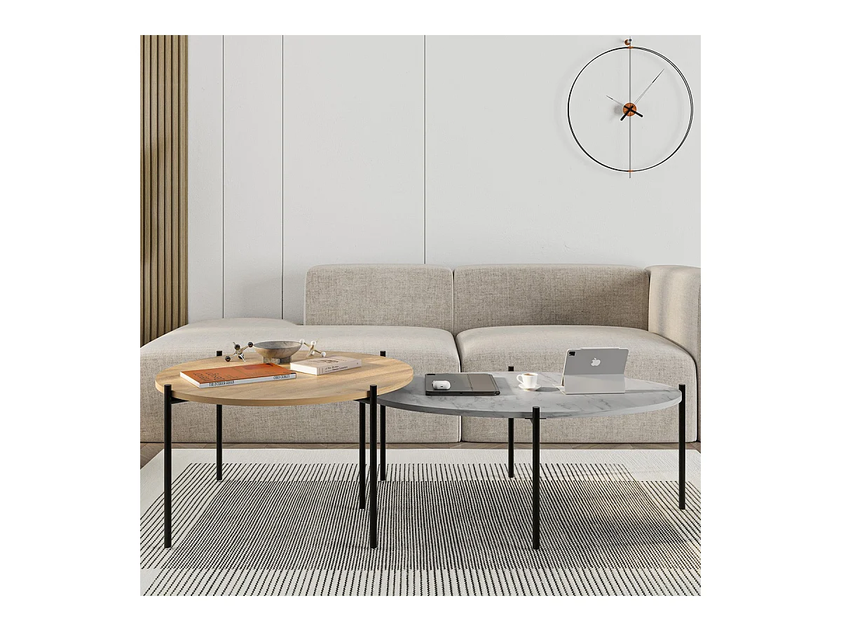 Lot de 2 tables basses gigognes effet chêne et effet marbre gris - Loris