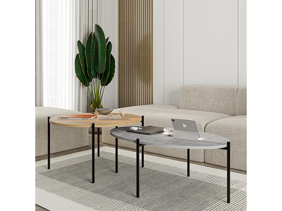 Lot de 2 tables basses gigognes effet chêne et effet marbre gris - Loris