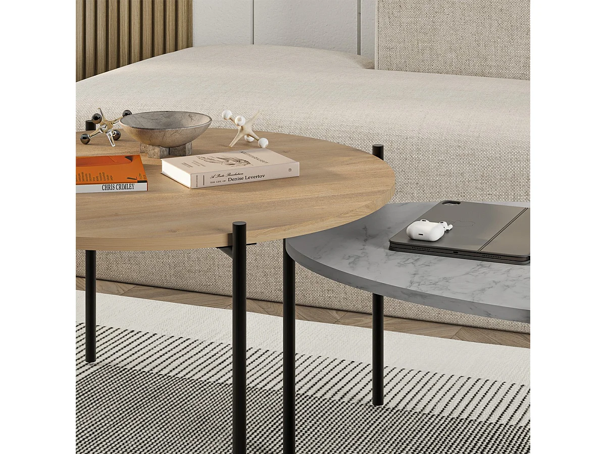 Lot de 2 tables basses gigognes effet chêne et effet marbre gris - Loris