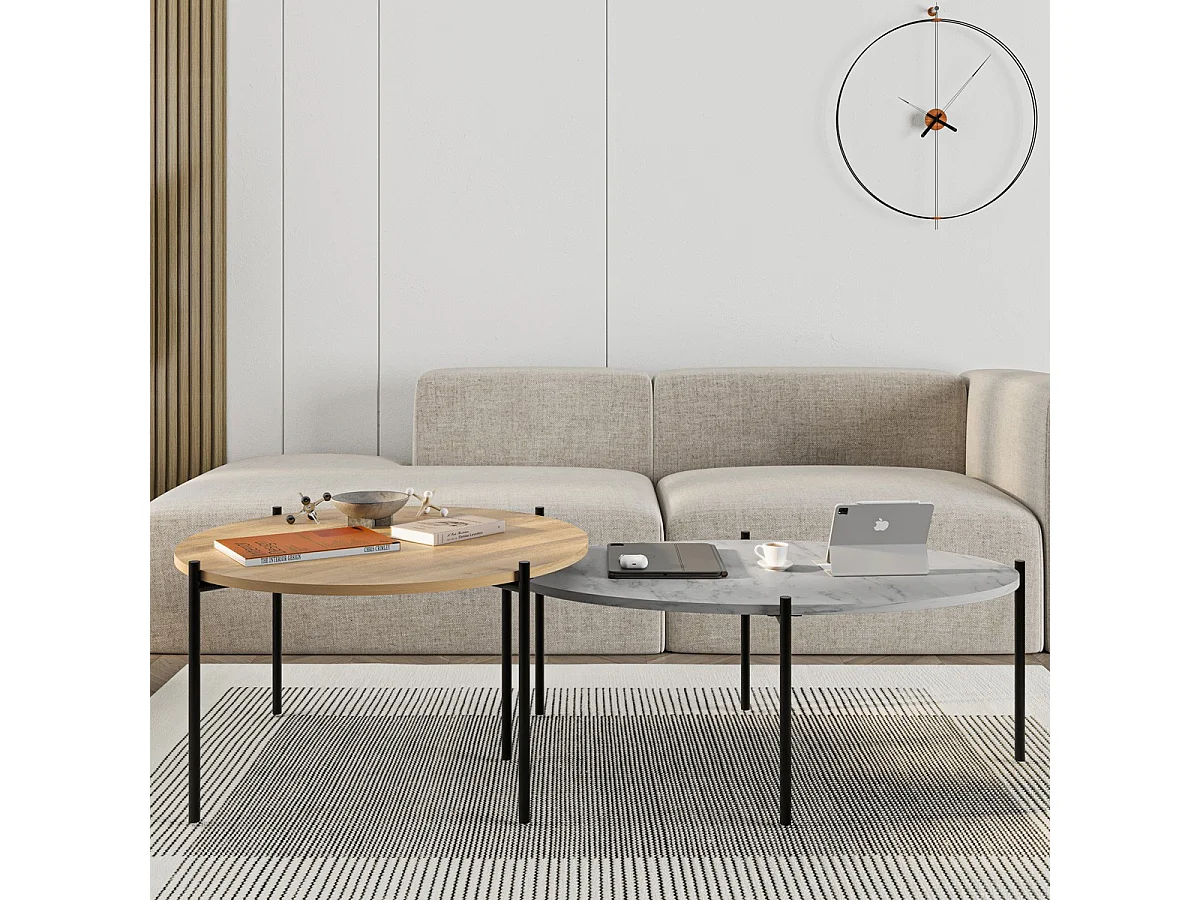 Lot de 2 tables basses gigognes effet chêne et effet marbre gris - Loris