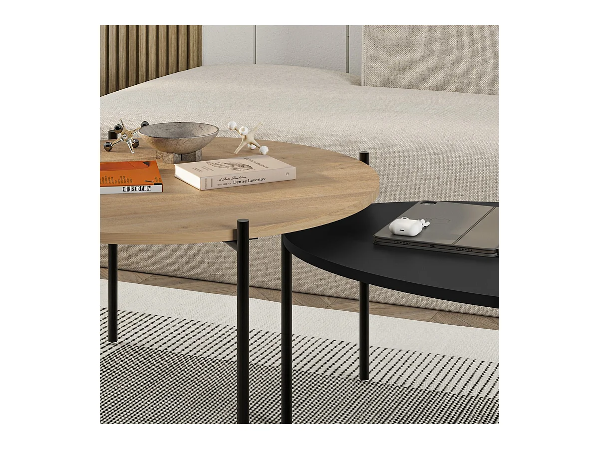 Lot de 2 tables basses gigognes effet chêne et noir - Loris