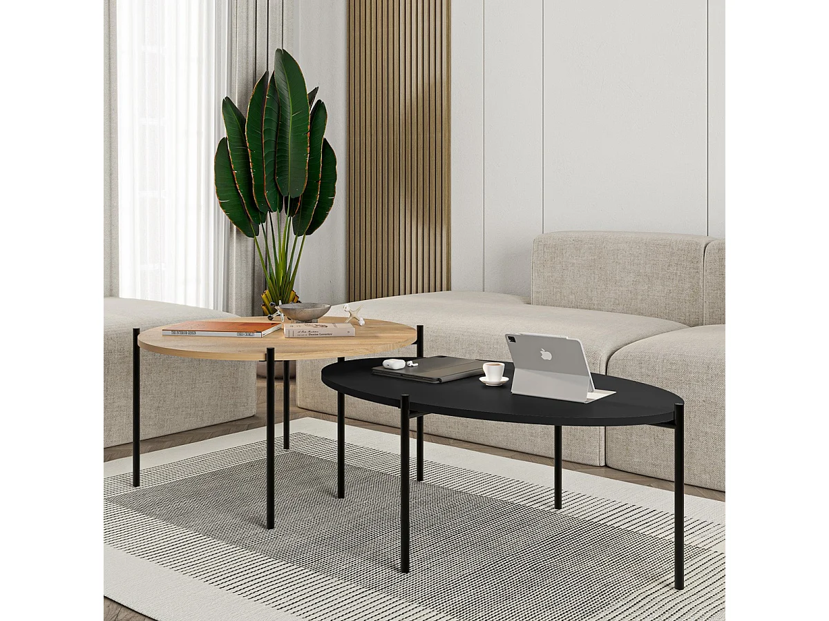 Lot de 2 tables basses gigognes effet chêne et noir - Loris