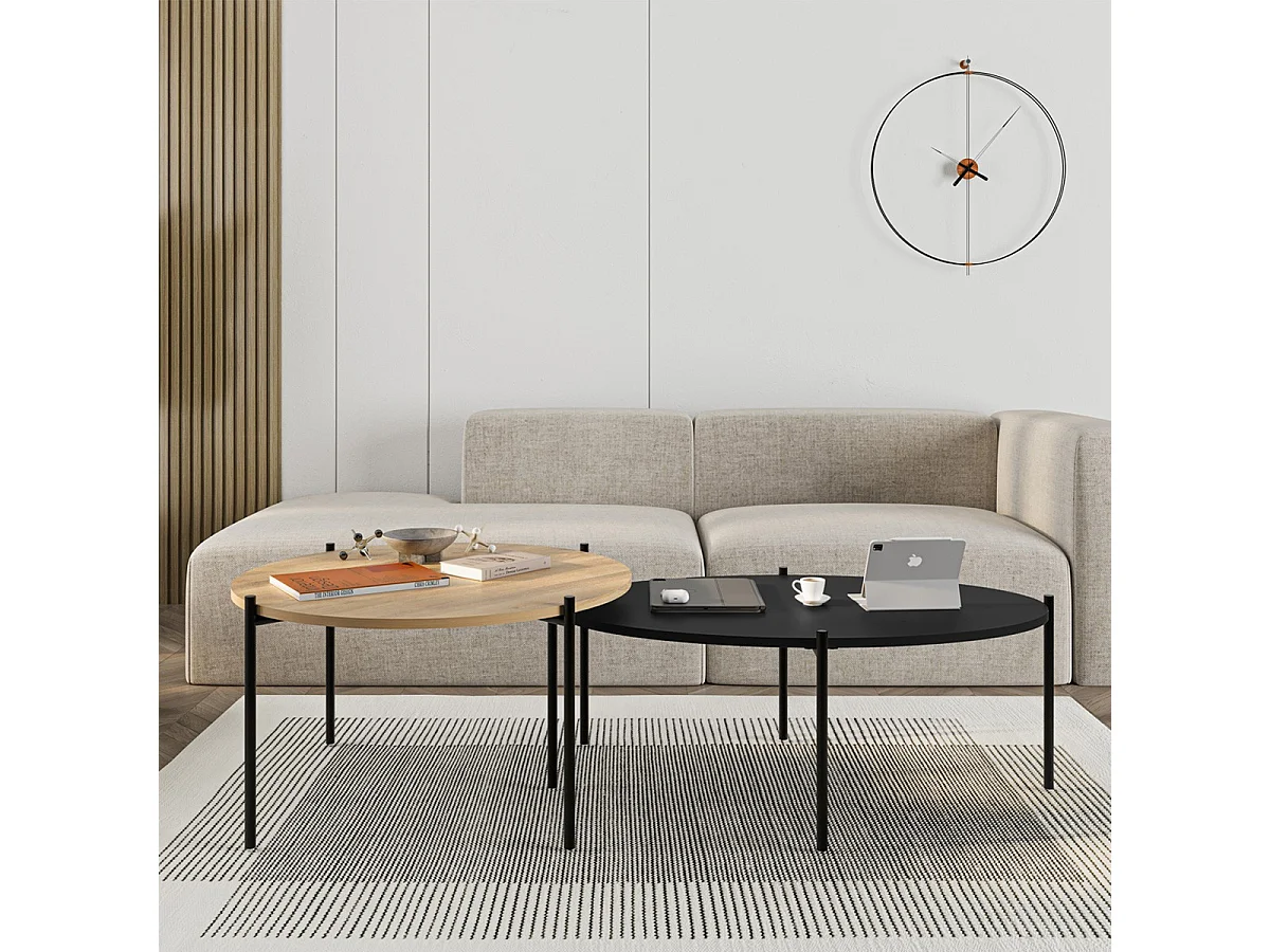 Lot de 2 tables basses gigognes effet chêne et noir - Loris