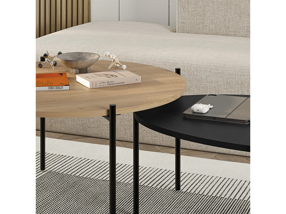 Lot de 2 tables basses gigognes effet chêne et noir - Loris