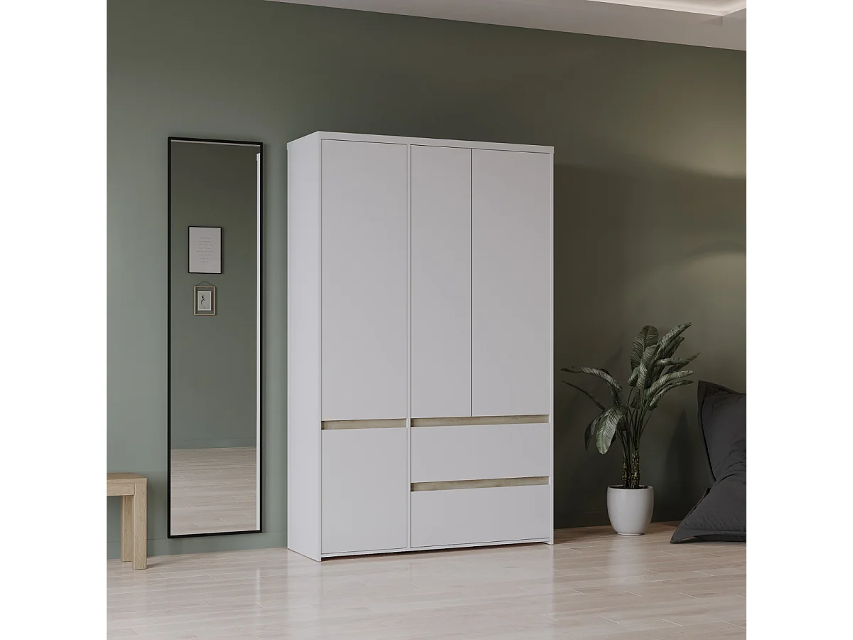 4-türiger Kleiderschrank mit 2 Schubladen in Eiche Kronberg Dekor und mattem Weiß H220,5 cm - CLYDE