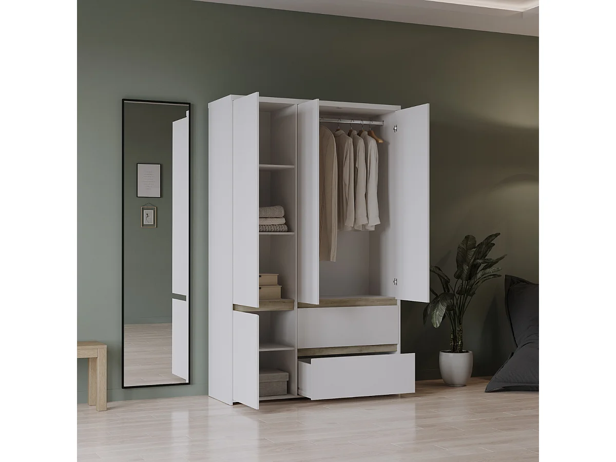 4-türiger Kleiderschrank mit 2 Schubladen in Eiche Kronberg Dekor und mattem Weiß H220,5 cm - CLYDE