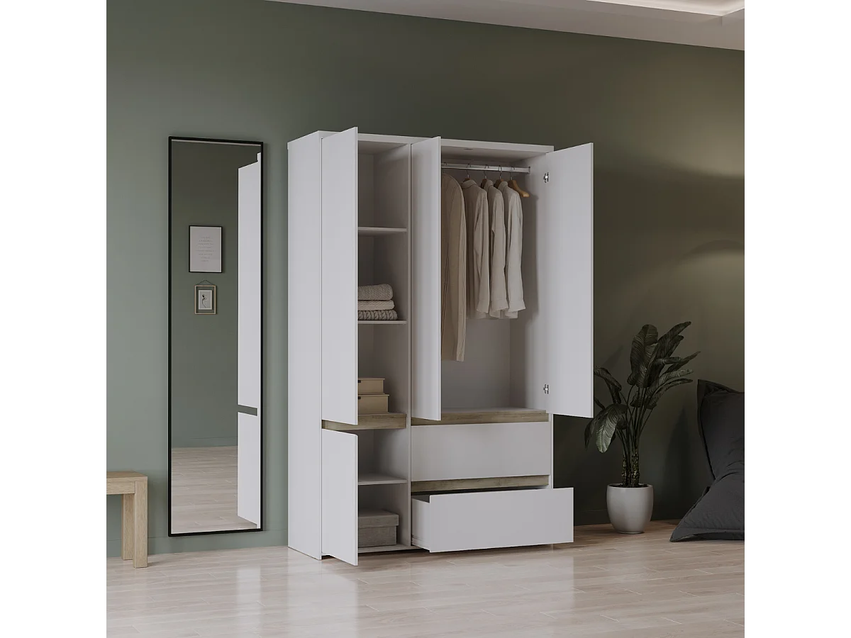 Guarda-roupa de 4 portas e 2 gavetas, decoração em carvalho Kronberg e branco mate, H220,5 cm - CLYDE