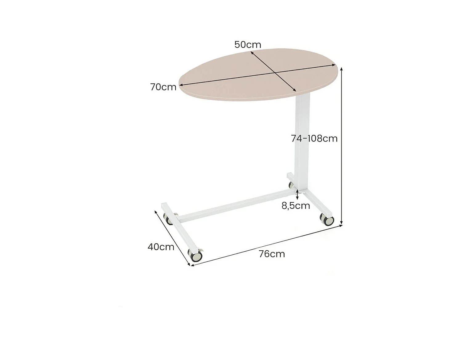 Scrivania da lavoro mobile con ruote bloccabili e piano ovale, Scrivania rotante regolabile in altezza Roseo