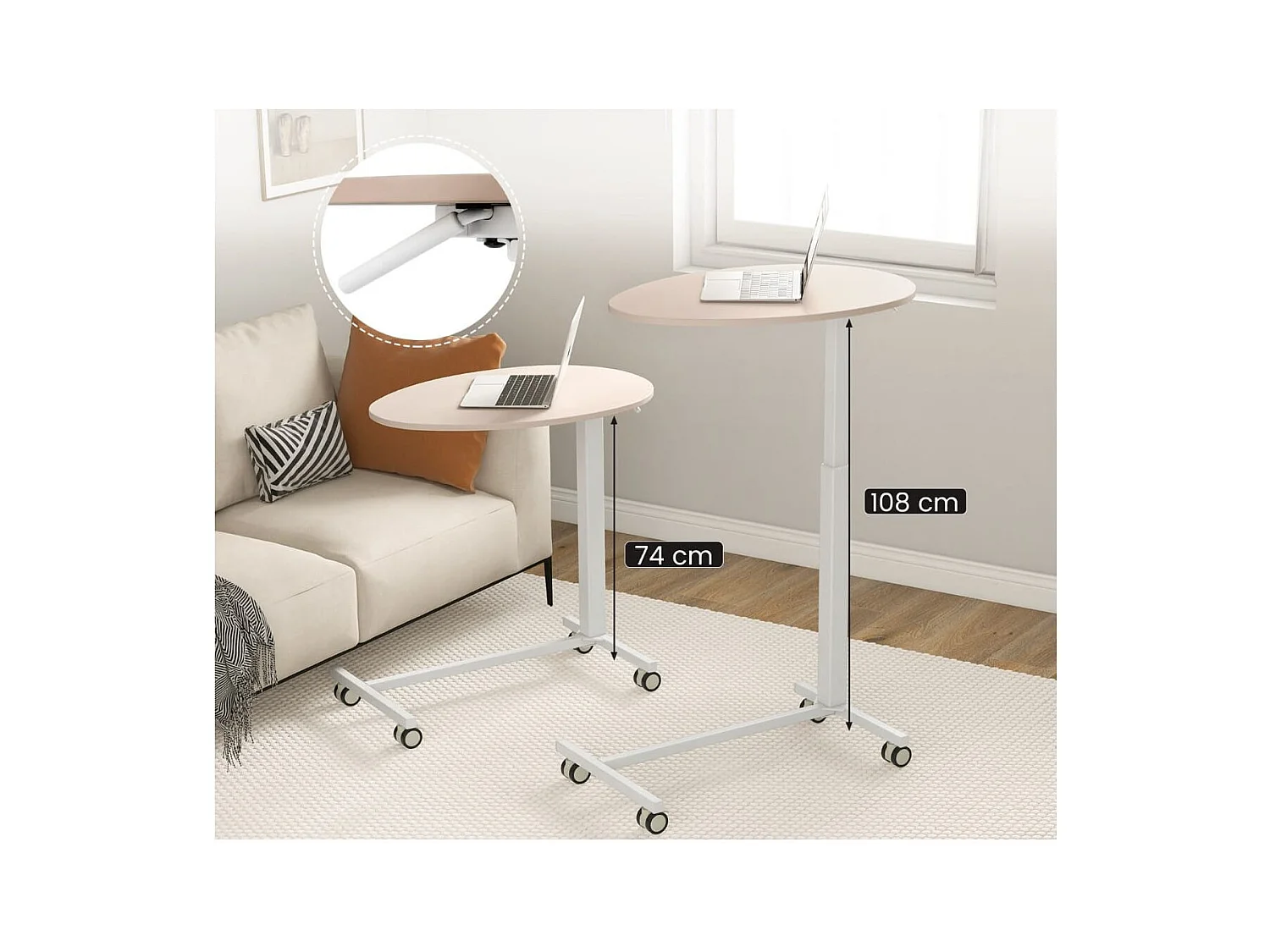 Scrivania da lavoro mobile con ruote bloccabili e piano ovale, Scrivania rotante regolabile in altezza Roseo