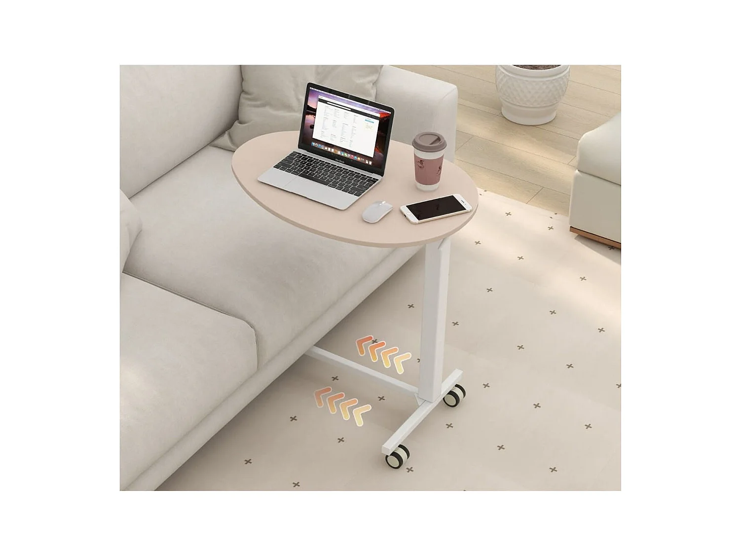 Scrivania da lavoro mobile con ruote bloccabili e piano ovale, Scrivania rotante regolabile in altezza Roseo