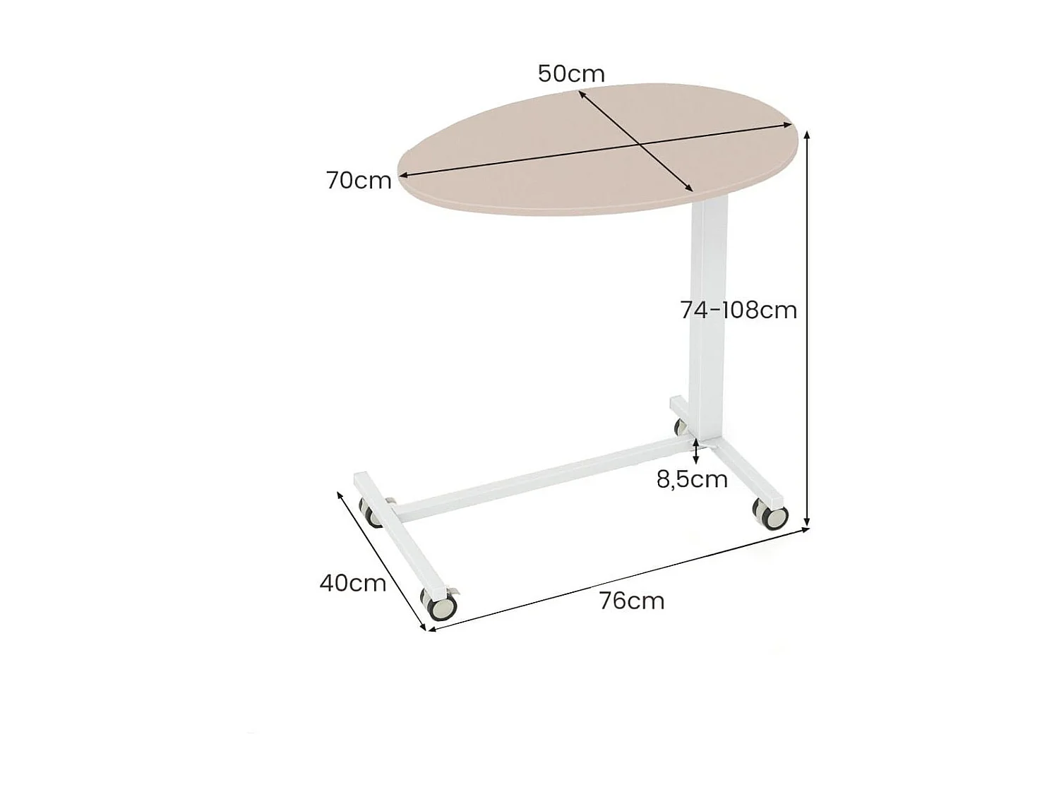 Höhenverstellbarer Beistelltisch mit Rollen Mobiler Laptoptisch 74-108 cm Rosa + Weiß statische Belastung bis zu 75 kg
