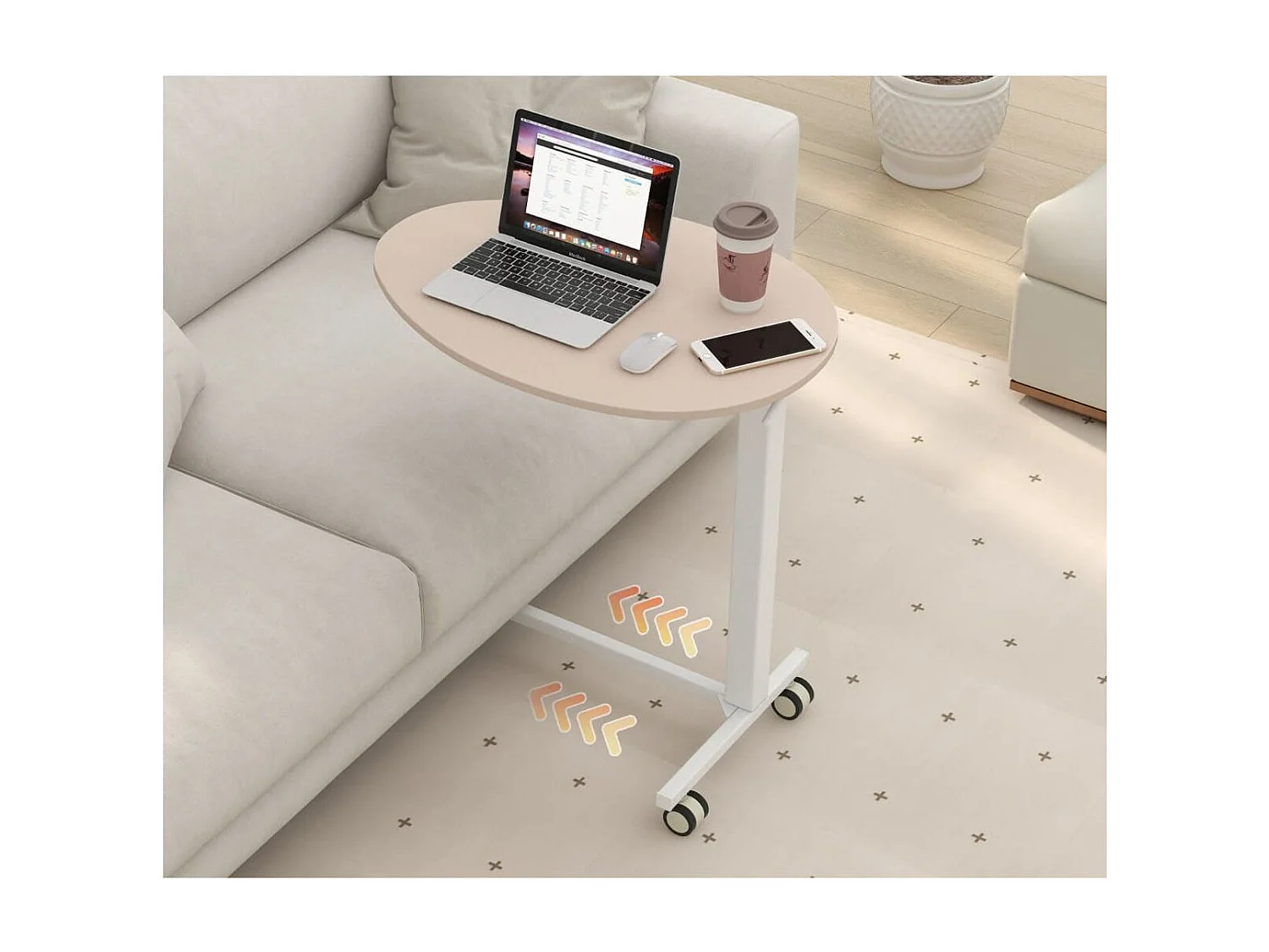 Höhenverstellbarer Beistelltisch mit Rollen Mobiler Laptoptisch 74-108 cm Rosa + Weiß statische Belastung bis zu 75 kg