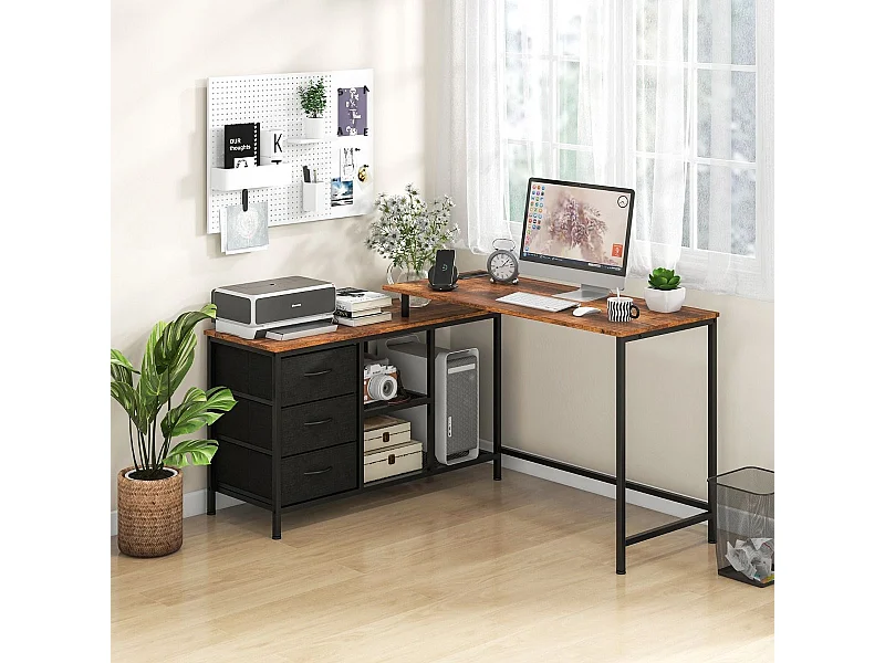 Bureau d'Angle Convertible avec Prise de Courant Bureau en Forme de L avec 3 Tiroirs en Tissu et Étagères en Maille Métallique Café