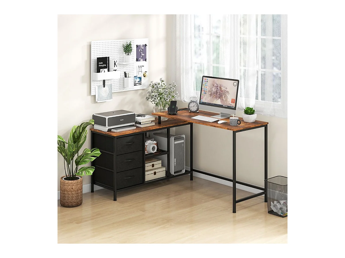 Bureau d'Angle Convertible avec Prise de Courant Bureau en Forme de L avec 3 Tiroirs en Tissu et Étagères en Maille Métallique Café