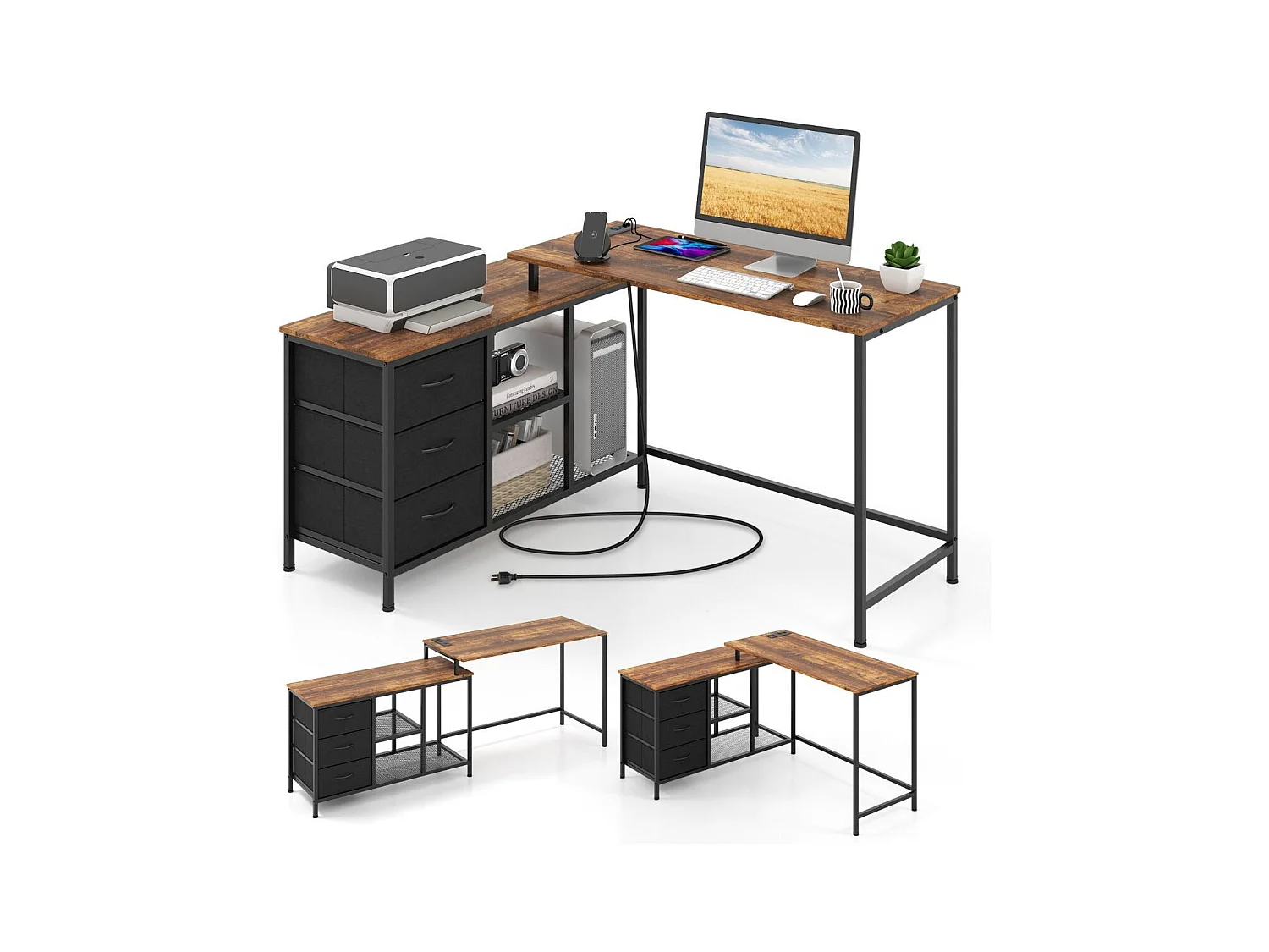 Bureau d'Angle Convertible avec Prise de Courant Bureau en Forme de L avec 3 Tiroirs en Tissu et Étagères en Maille Métallique Café
